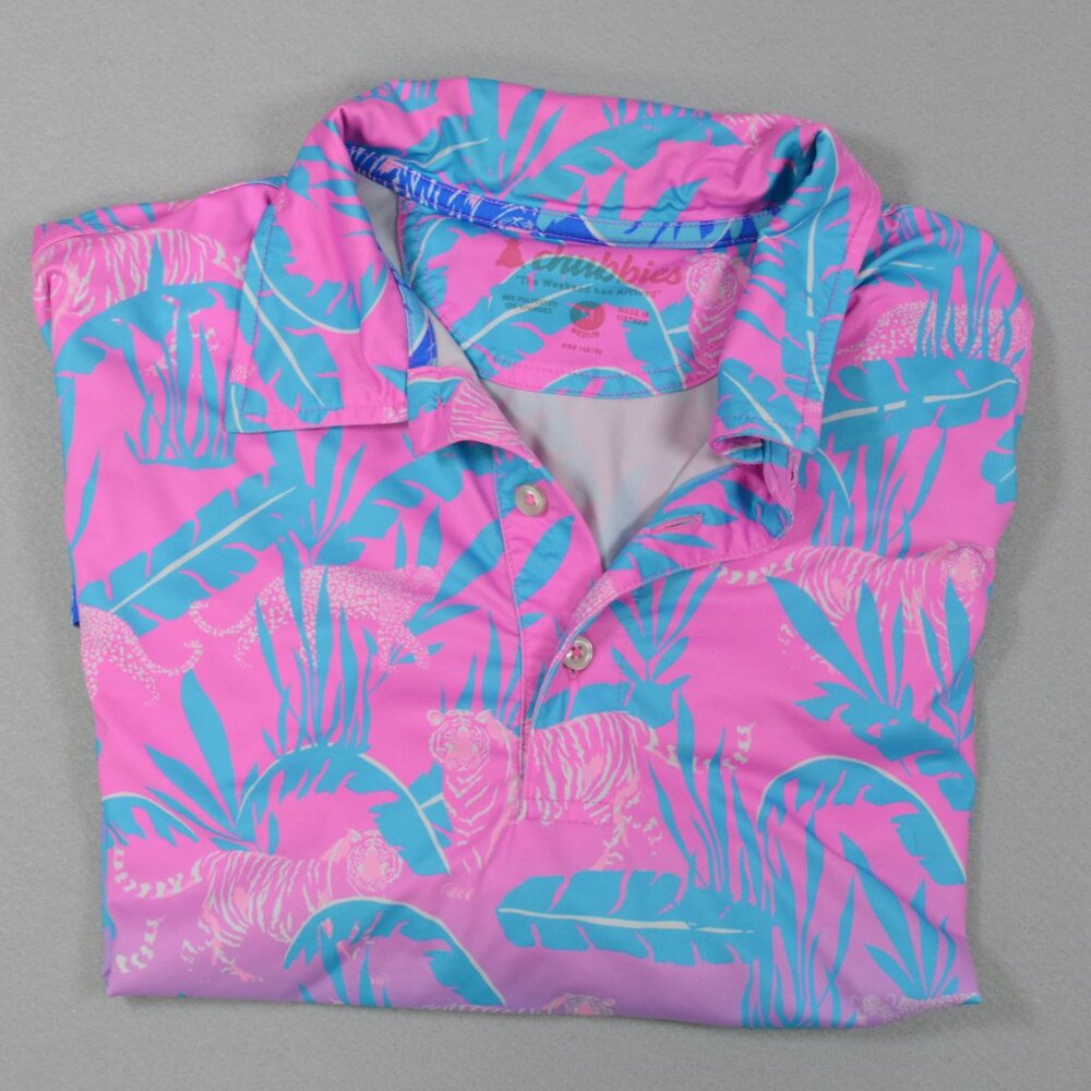 Chubbies Tiger Print Hydrofoil Performance Polo Pink Blue Golf Medium - Picture 12 of 13
